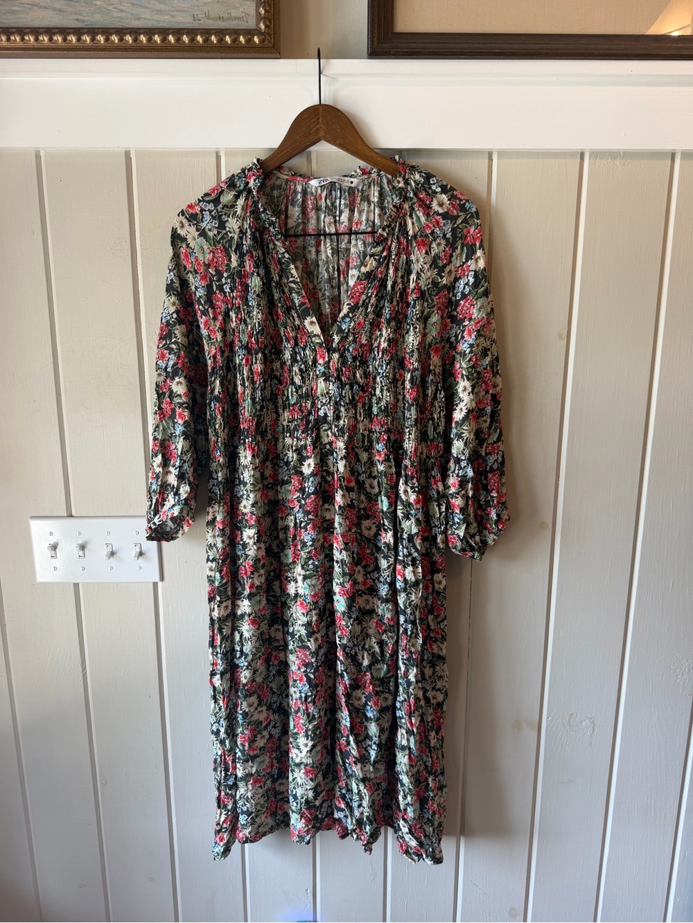 Zara Floral V-Neck Button-Up Midi Dress, Half Sleeves, Size XL